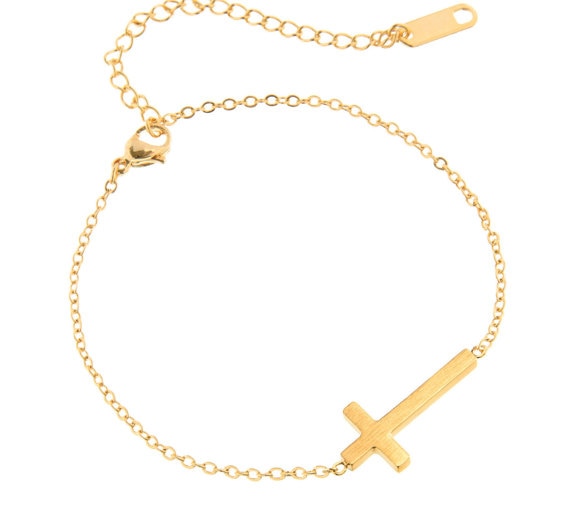 Sideways Cross Bracelet with Monogram Initials Charm & CZ Stones - Double  Chain Cross Bracelet - Silver, Yellow Gold or Rose Gold