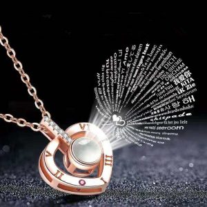 Romantic-Round-Heart-Love-Memory-Wedding-Necklace-Rose-Gold-Silver-100-languages-I-love-you-Projection